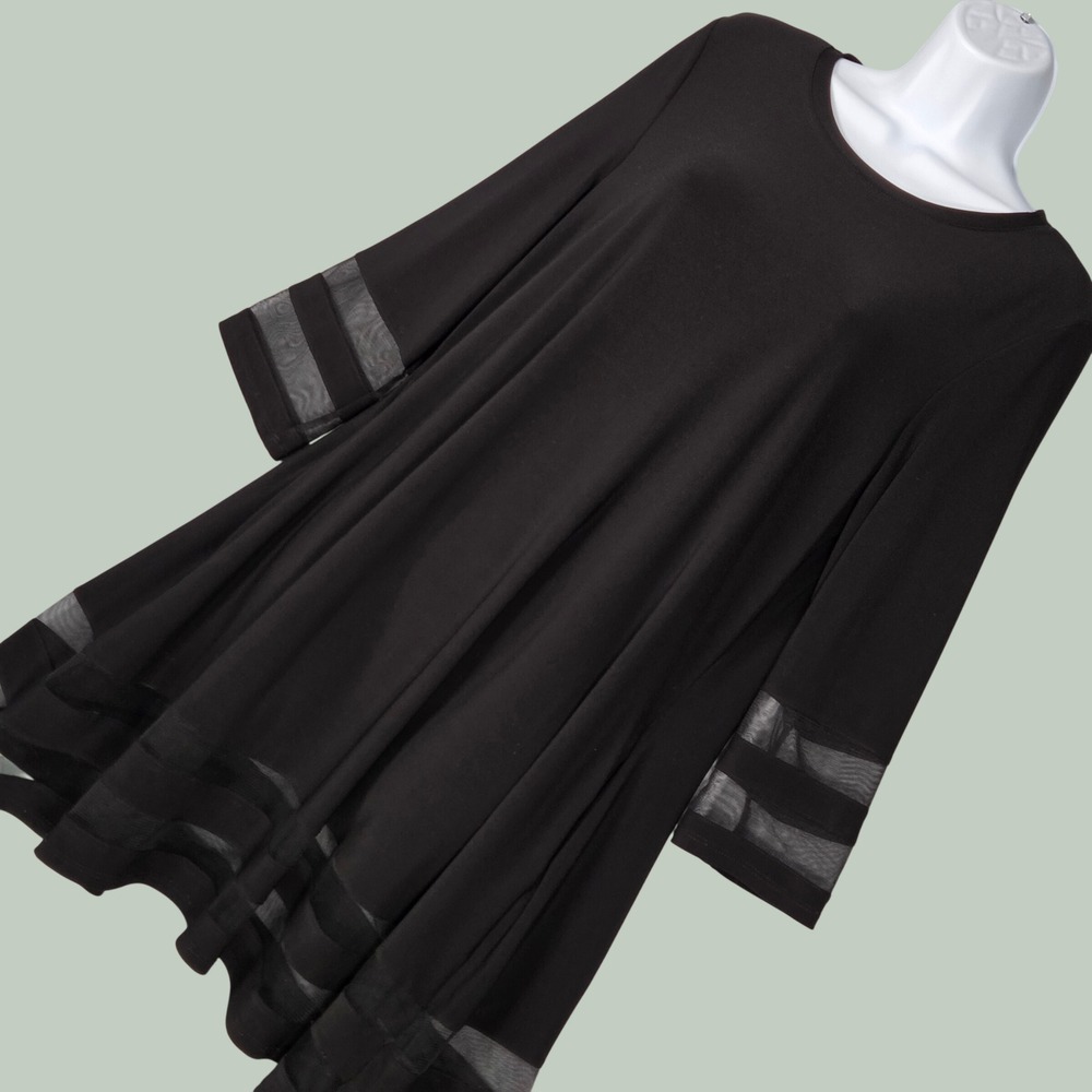 IC by Connie‎ K Women Medium Swing Dress Black Mesh Stripe Trim Long Sleeve Knee